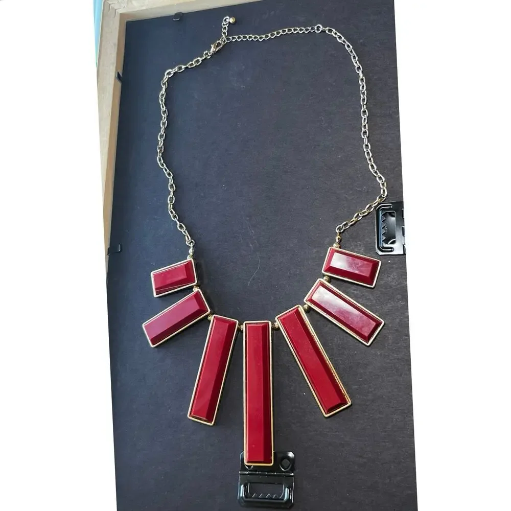 Anthropologie Red Geometric Bib Necklace Gold Tone Vintage